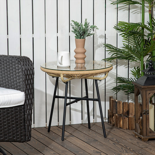 Masa laterala din ratan, Masuta rotunda de cafea pentru exterior, cu ratan rotund PE si blat din sticla securizata pentru terasa, gradina, balcon, negru