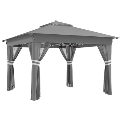 Pavilion de Grădină cu Înălțime Reglabilă și Lumină LED, din Oțel și Țesătură Oxford, 336x336x250-270 cm, Gri