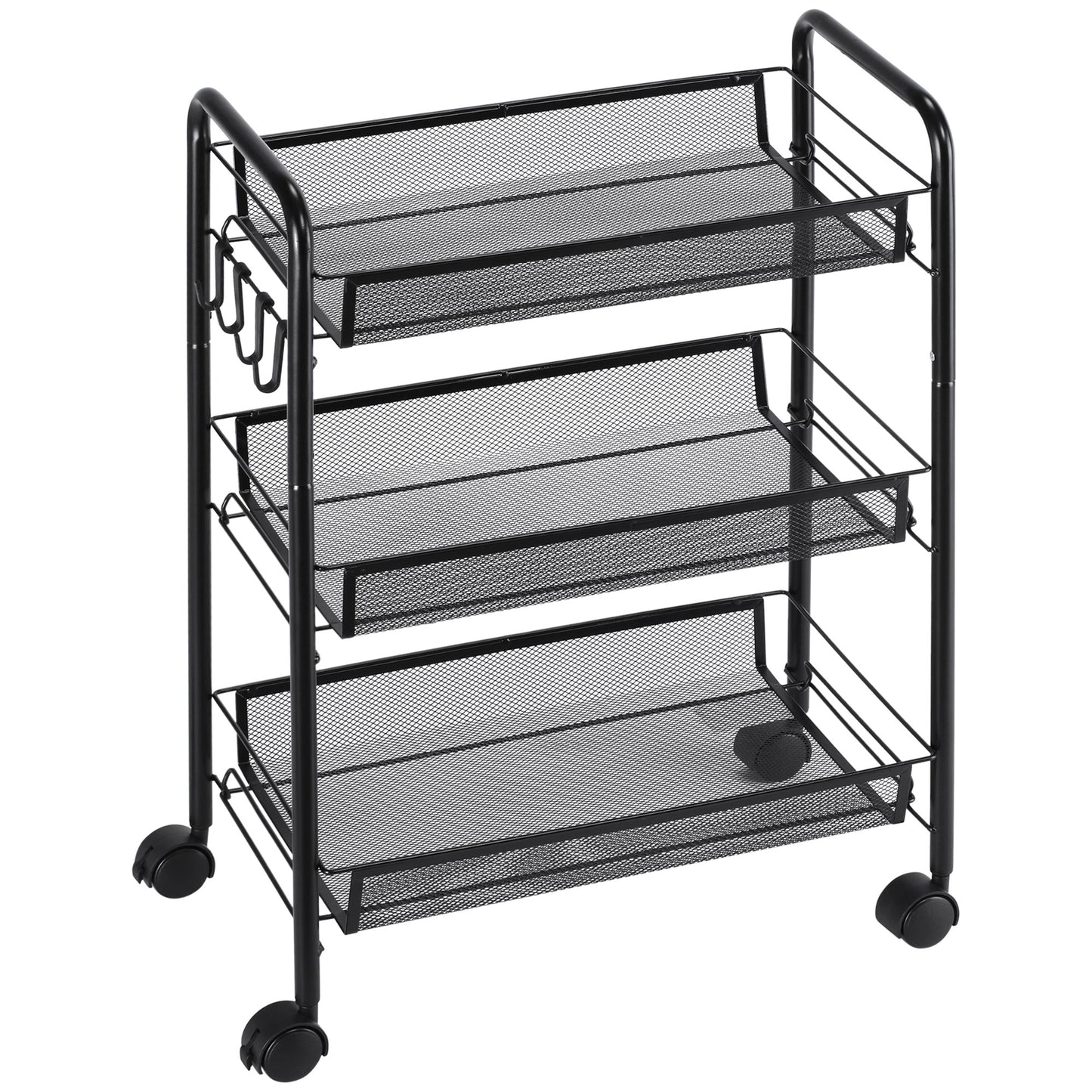 Carucior de bucatarie cu 3 niveluri cu cosuri detasabile si 4 roti, otel si plastic PP, 45Lx26,5x63cm, Negru