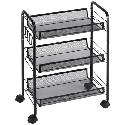 Carucior de bucatarie cu 3 niveluri cu cosuri detasabile si 4 roti, otel si plastic PP, 45Lx26,5x63cm, Negru