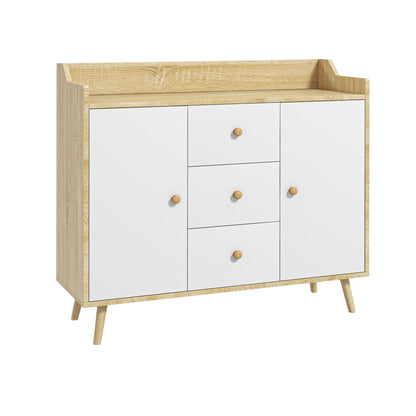 Bufet Modern din PAL si Lemn de di Pin cu 3 Sertare si 2 Dulapioare cu 2 Niveluri, 90x32x80 cm, Alb si Lemn Natur