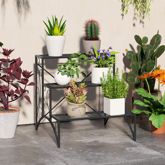 Etajeră-suport pentru plante, cu 3 niveluri, în formă de scară, pentru interior și exterior, din metal, 60x60x60 cm, negru