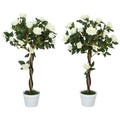 Plantă artificială de trandafir cu 21 de flori și ghiveci umplut cu ciment și mușchi, Ø18x90 cm, albă