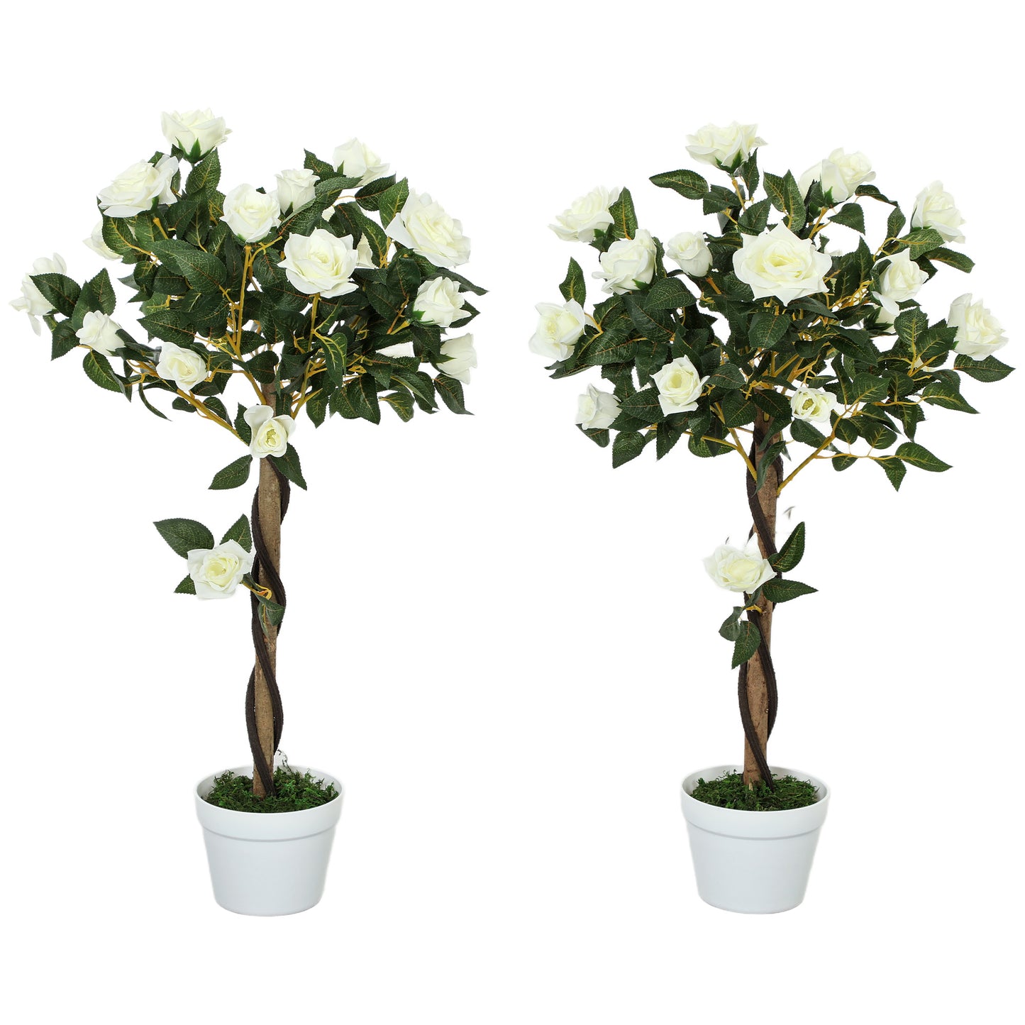 Plantă artificială de trandafir cu 21 de flori și ghiveci umplut cu ciment și mușchi, Ø18x90 cm, albă
