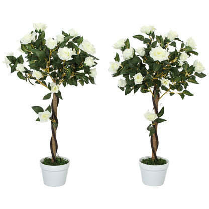 Plantă artificială de trandafir cu 21 de flori și ghiveci umplut cu ciment și mușchi, Ø18x90 cm, albă