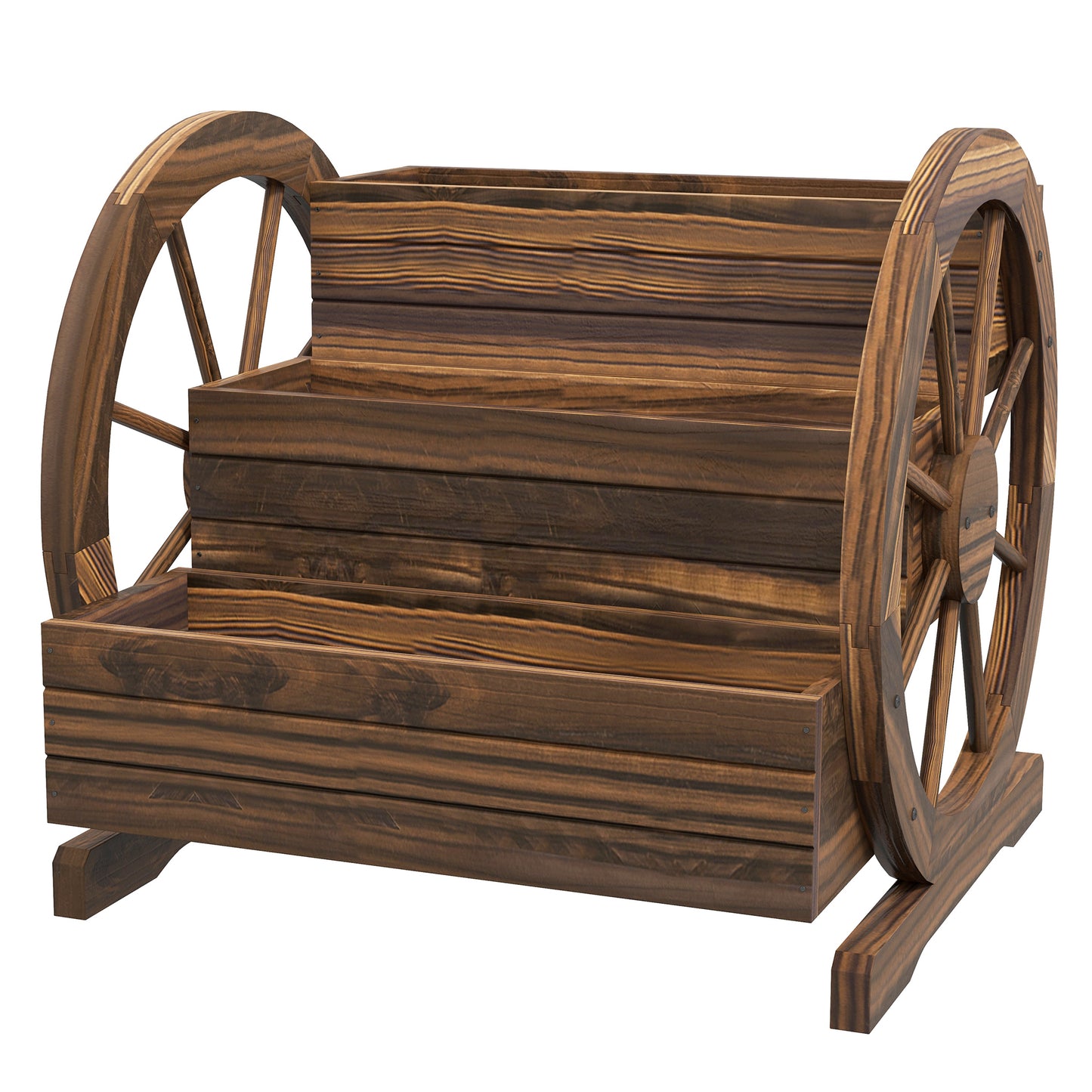 Jardinieră de Exterior cu 3 Niveluri, cu Roți Decorative din Lemn de Brad Carbonizat, 62x61x57 cm