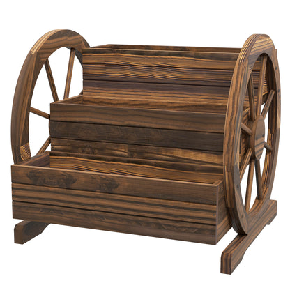 Jardinieră de Exterior cu 3 Niveluri, cu Roți Decorative din Lemn de Brad Carbonizat, 62x61x57 cm