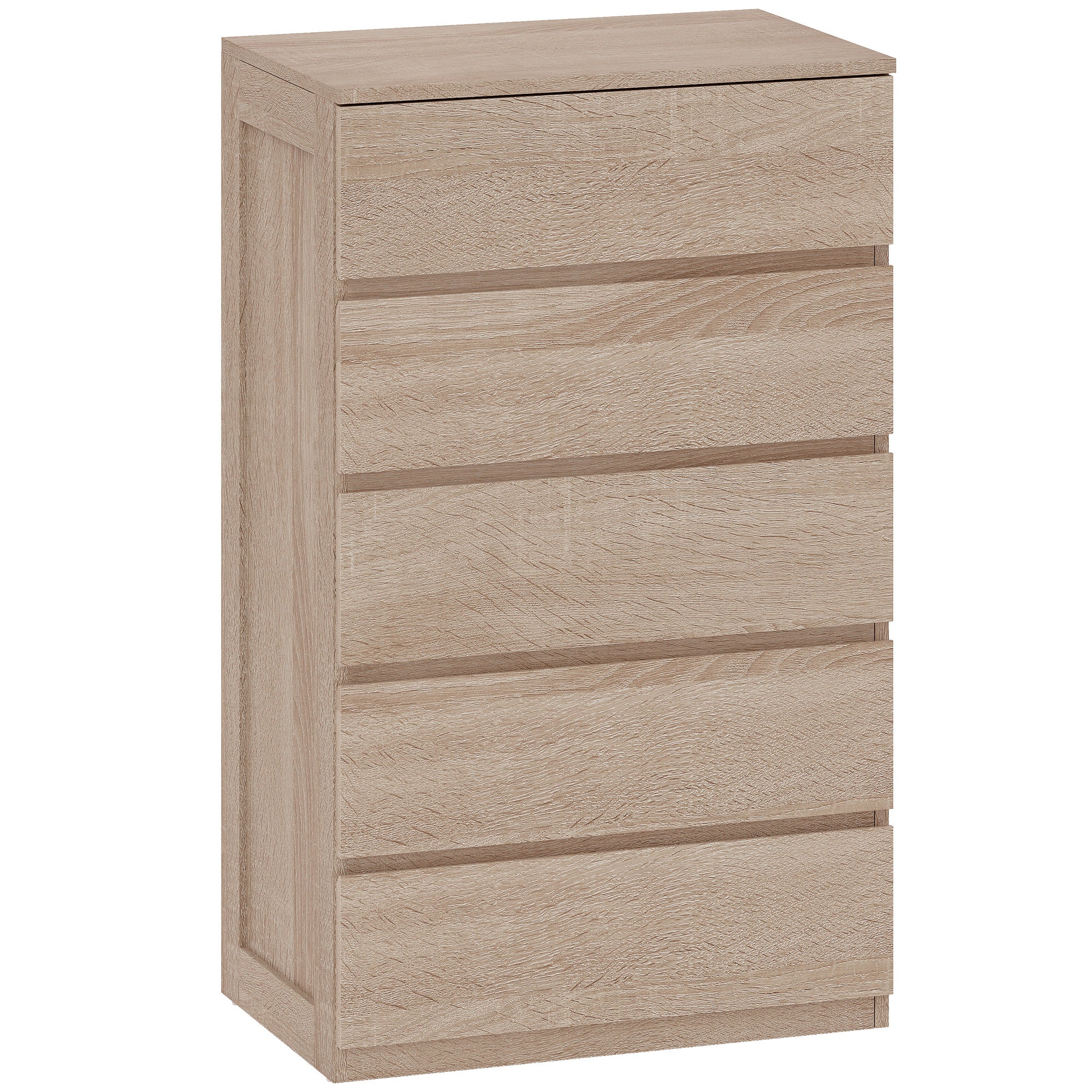 Comodă cu 5 Sertare din Lemn cu Ghidaje Metalice și Mânere Canelate, 60x39x100 cm, Lemn Natural