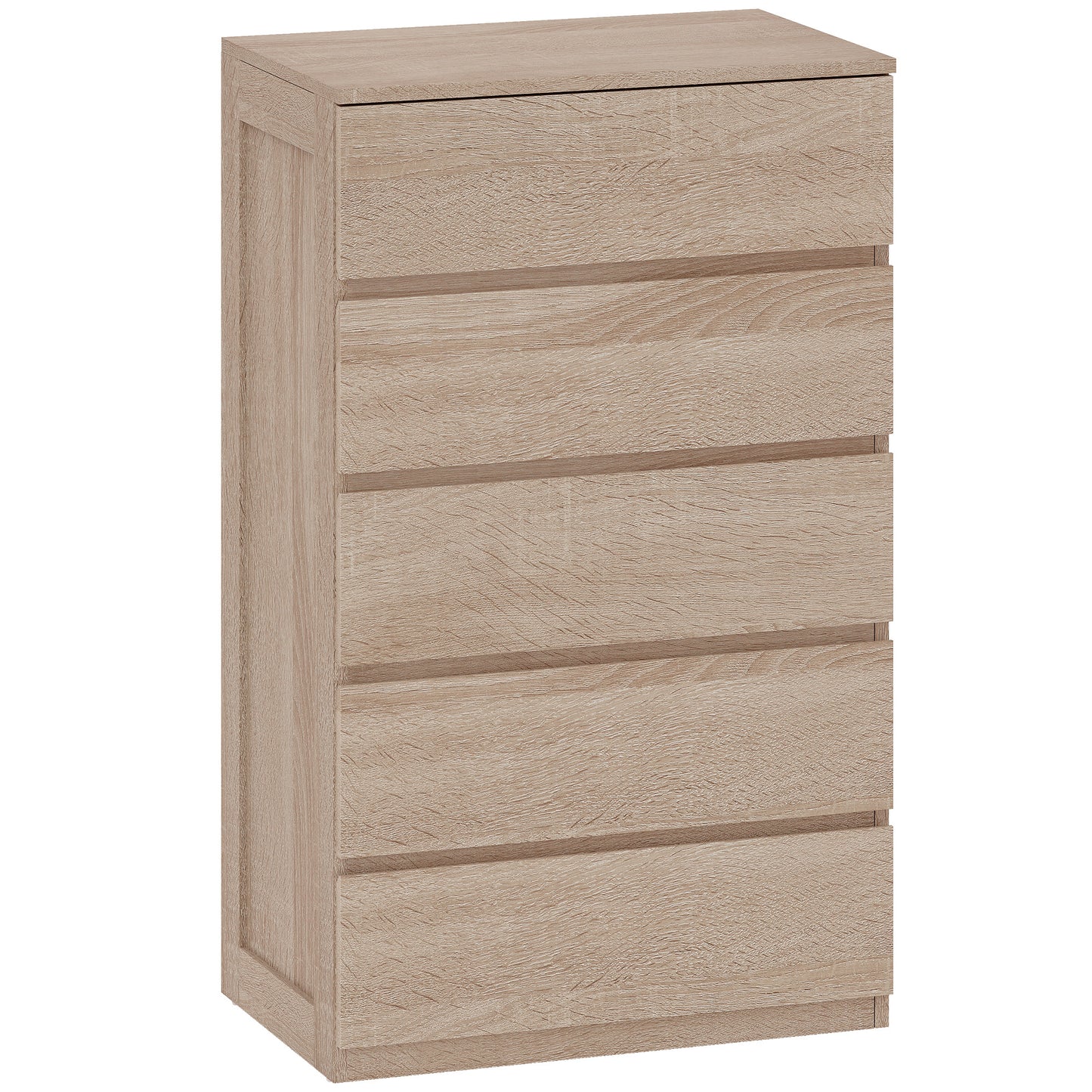 Comodă cu 5 Sertare din Lemn cu Ghidaje Metalice și Mânere Canelate, 60x39x100 cm, Lemn Natural