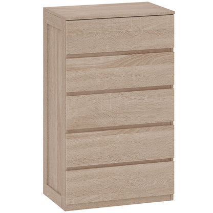 Comodă cu 5 Sertare din Lemn cu Ghidaje Metalice și Mânere Canelate, 60x39x100 cm, Lemn Natural