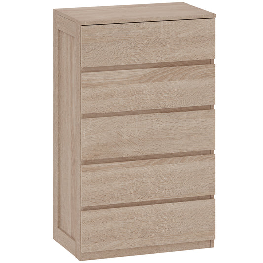 Comodă cu 5 Sertare din Lemn cu Ghidaje Metalice și Mânere Canelate, 60x39x100 cm, Lemn Natural