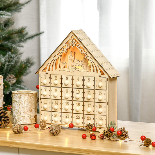 Calendar Advent – Lemn cu 24 Sertare & Luminite