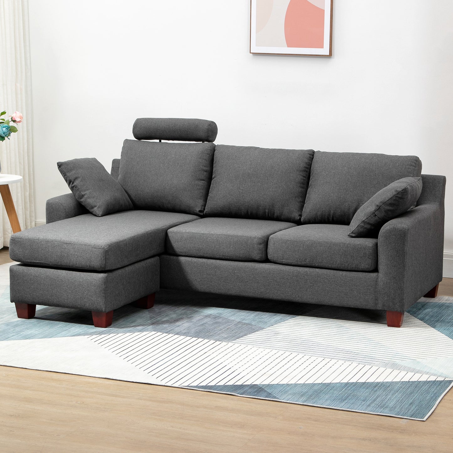 Canapea 3 locuri  cu taburet și perne, țesătură de in gri închis 194x80x86cm, Confort & Stil pentru Living