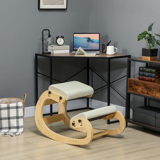 Scaun ergonomic reglabil în 6 poziții, din material textil cu efect de in și lemn de mesteacăn, 55x85x55 cm, crem
