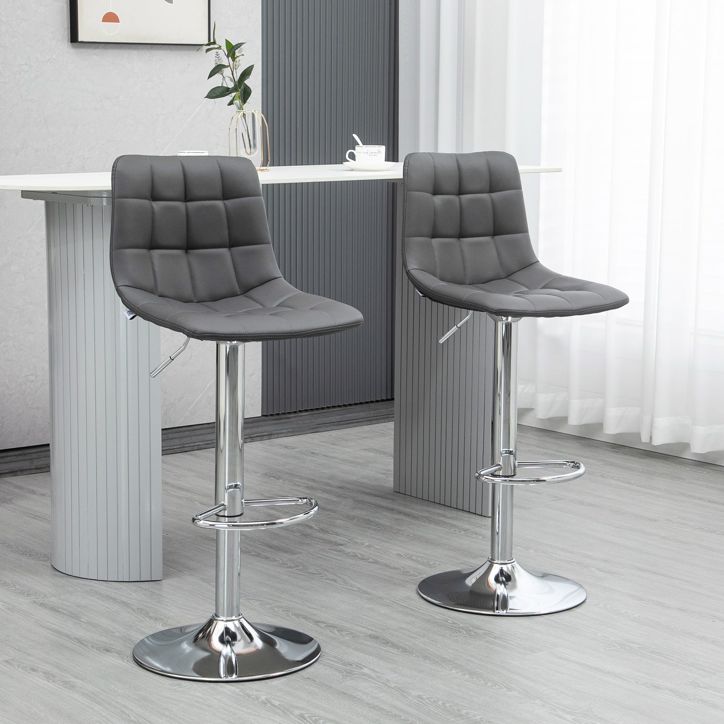 Set de 2 scaune de bar din piele cu spatar, scaune pivotante pentru bucatarie si sufragerie cu suport pentru picioare, 42x45x89-110cm, gri