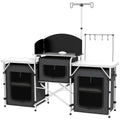 Bucătărie de Camping Pliabilă cu 3 Blaturi, 5 Rafturi Interne și 4 Cârlige, 172x48x119 cm, Negru