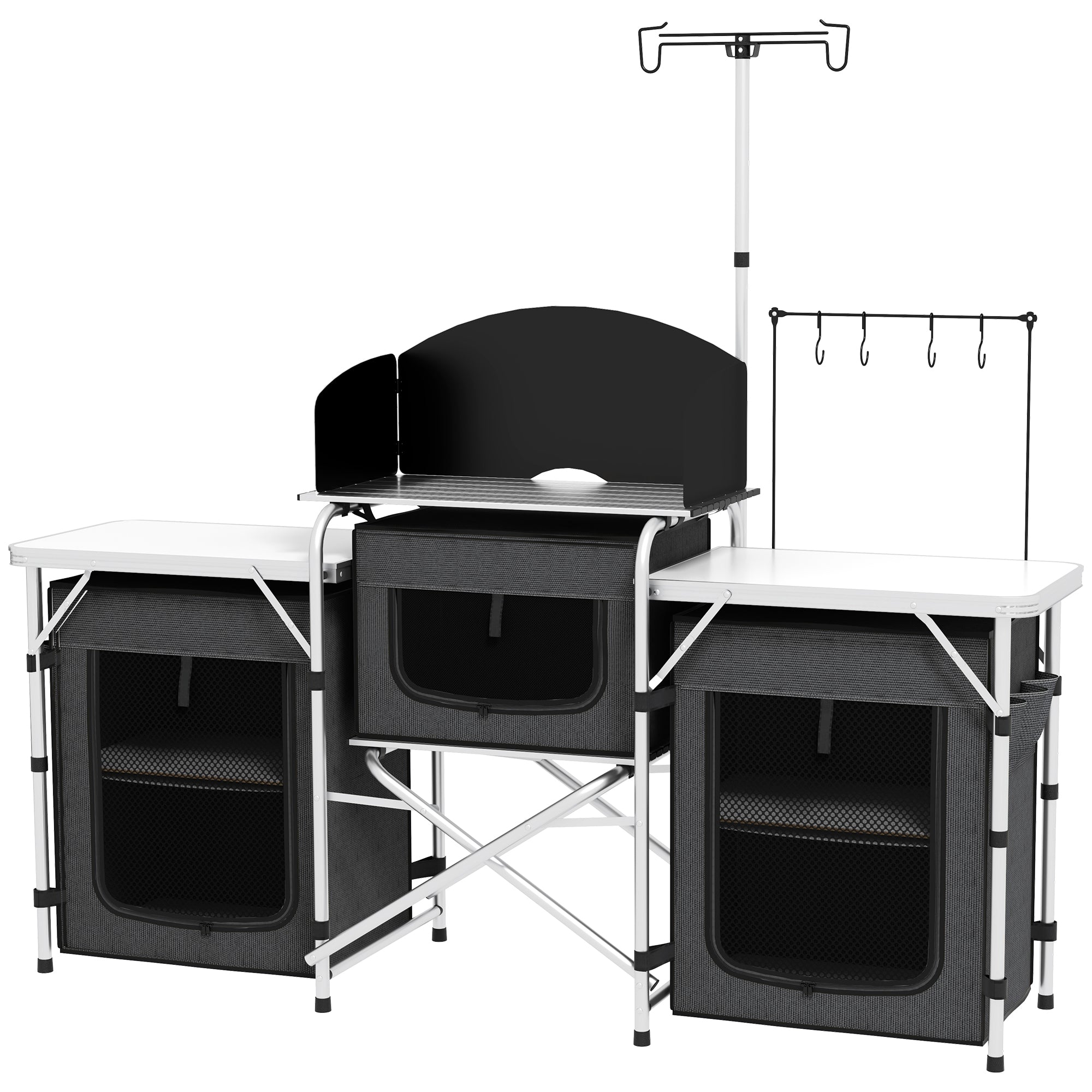 Bucătărie de Camping Pliabilă cu 3 Blaturi, 5 Rafturi Interne și 4 Cârlige, 172x48x119 cm, Negru
