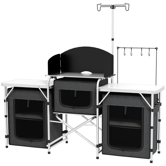 Bucătărie de Camping Pliabilă cu 3 Blaturi, 5 Rafturi Interne și 4 Cârlige, 172x48x119 cm, Negru