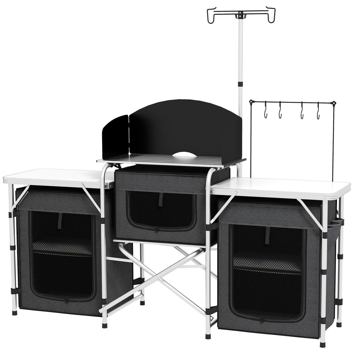 Bucătărie de Camping Pliabilă cu 3 Blaturi, 5 Rafturi Interne și 4 Cârlige, 172x48x119 cm, Negru