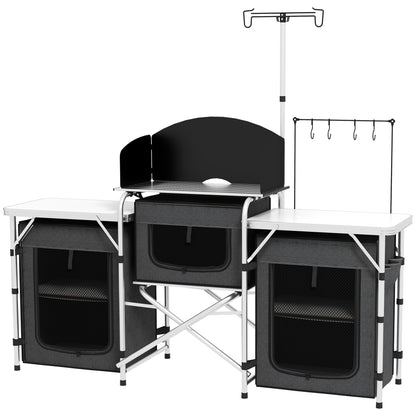 Bucătărie de Camping Pliabilă cu 3 Blaturi, 5 Rafturi Interne și 4 Cârlige, 172x48x119 cm, Negru