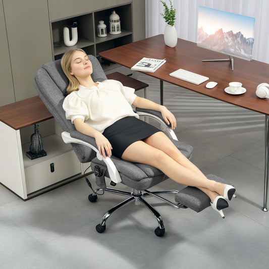 Scaun de Birou Masaj cu 6 Puncte, Încălzire și Suport pentru Picioare, Scaun Ergonomic Rabatabil Rotativ din Stofă Tip In Respirabil cu Telecomandă și Înălțime Reglabilă, Gri