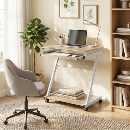 Birou pentru Computer cu 4 Roți și Suport Tastatură Glisant, PAL, Metal, Stejar