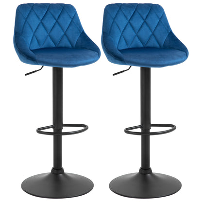 set 2 scaune de bar din efect de catifea,scaune insula bucatarie cu inaltime reglabila si pivotant, 51.5x48x83-104 cm, albastre