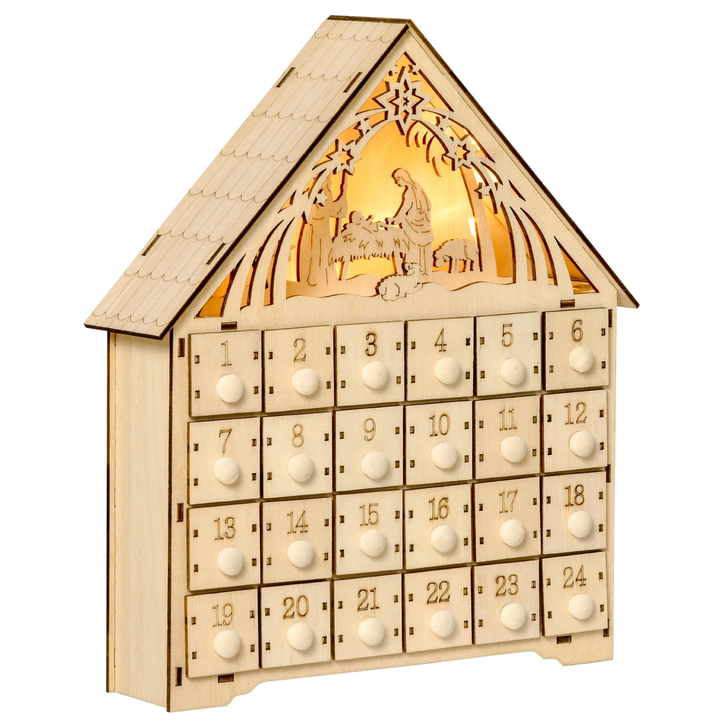 Calendar Advent – Lemn cu 24 Sertare & Luminite