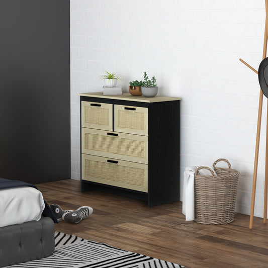 Comodă cu 4 Sertare din PAL și Ratan pentru Living și Dormitor, 80x38x80 cm