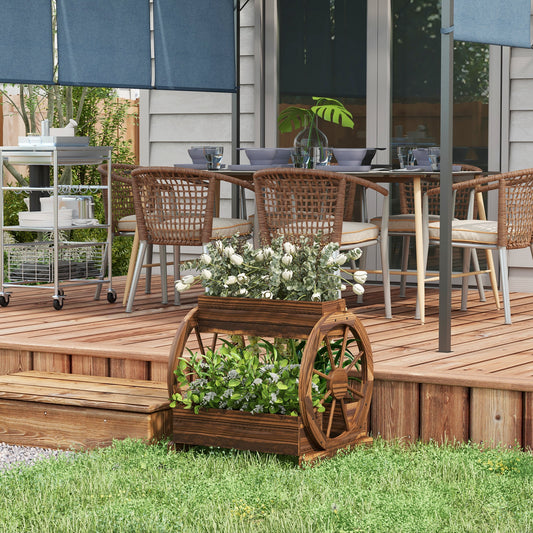 Jardinieră în Lemn pentru Exterior pe 2 Nivele cu 3 Ghivece și Roți de Căruță în Stil Rustic, 64x54x60 cm