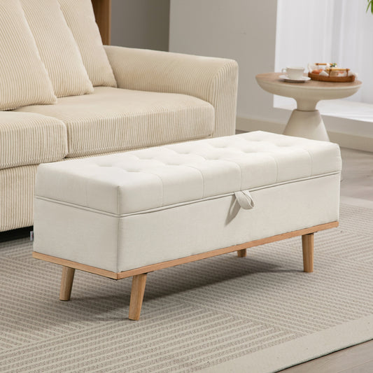 Bancă de Depozitare de 80L Tapițată cu Material Textil și Picioare din Lemn, 118x42x45 cm, Crem