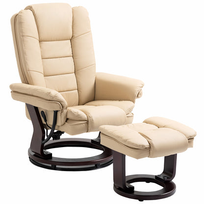Set Fotoliu Relax Reclinabil și Taburet, Fotoliu Pivotant la 360° din Piele Ecologică PU cu Suport pentru Picioare, Bej