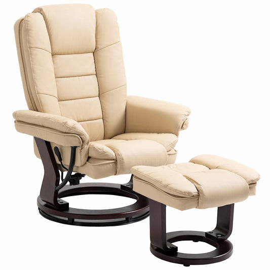 Set Fotoliu Relax Reclinabil și Taburet, Fotoliu Pivotant la 360° din Piele Ecologică PU cu Suport pentru Picioare, Bej