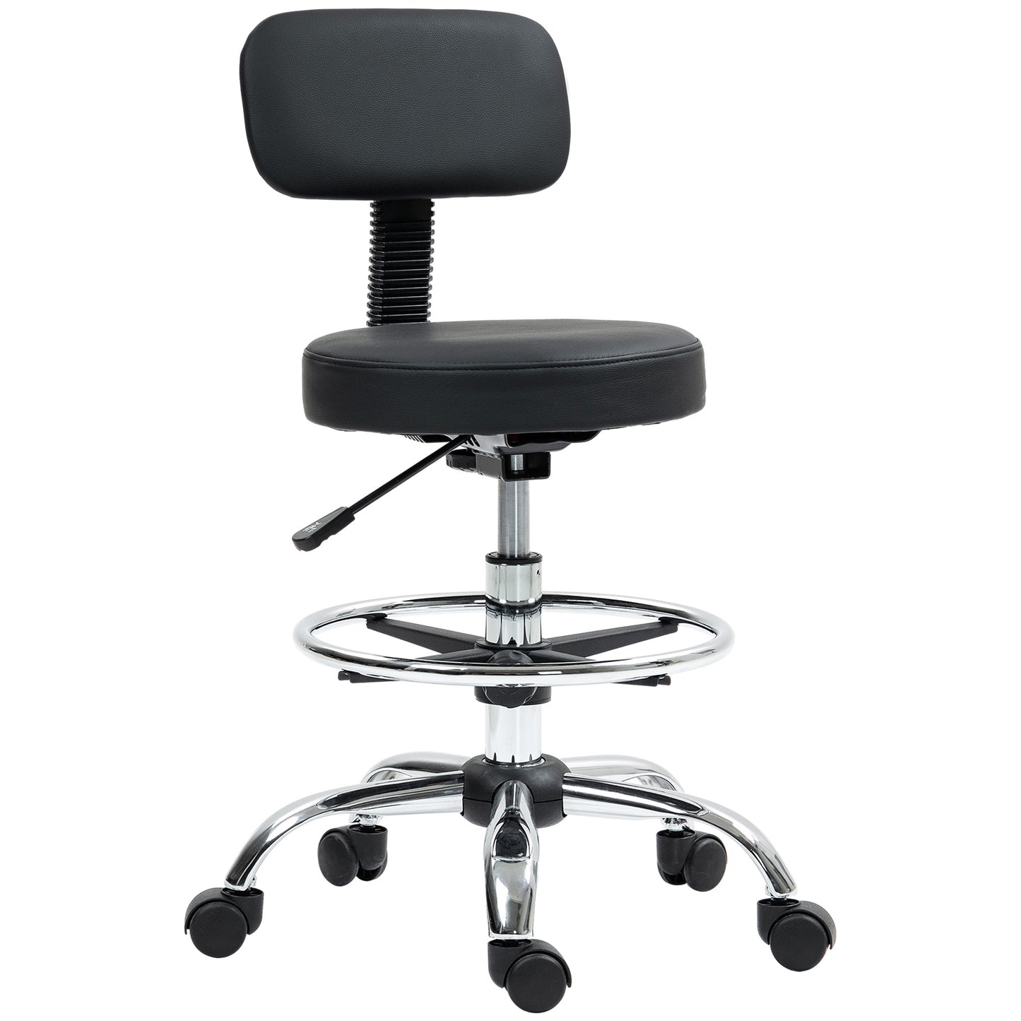 Scaun rotativ cu înălțime reglabilă și suport pentru picioare, din oțel, piele ecologică și spumă, 52x52x78-92 cm, negru