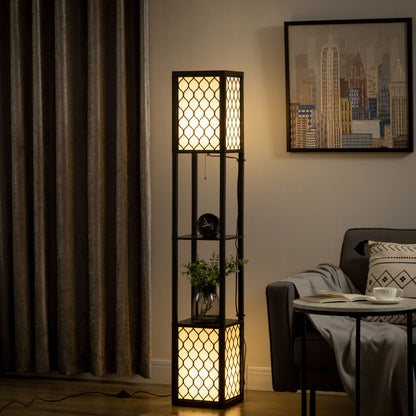 Lampa de podea coloana din MDF si plastic PP cu 2 rafturi, pentru camera de zi, studiu si dormitor, 26x26x156cm, alb si negru