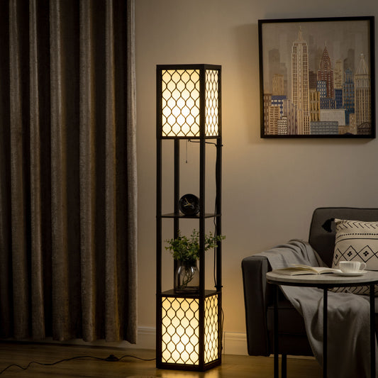 Lampa de podea coloana din MDF si plastic PP cu 2 rafturi, pentru camera de zi, studiu si dormitor, 26x26x156cm, alb si negru