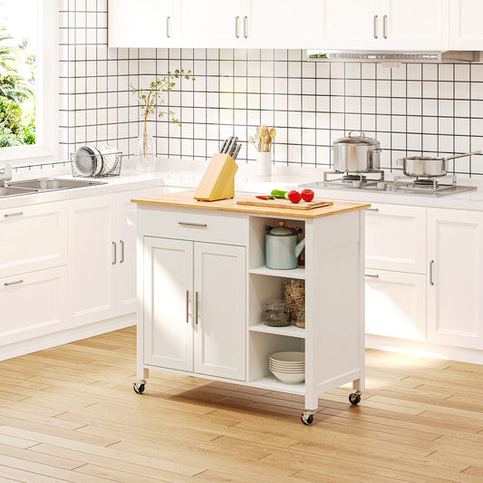 carucior bucatarie cu 4 roți, 3 rafturi, pentru bucătărie si sufragerie,107×48×89 cm, din MDF, Lemn de cauciucalba, alb