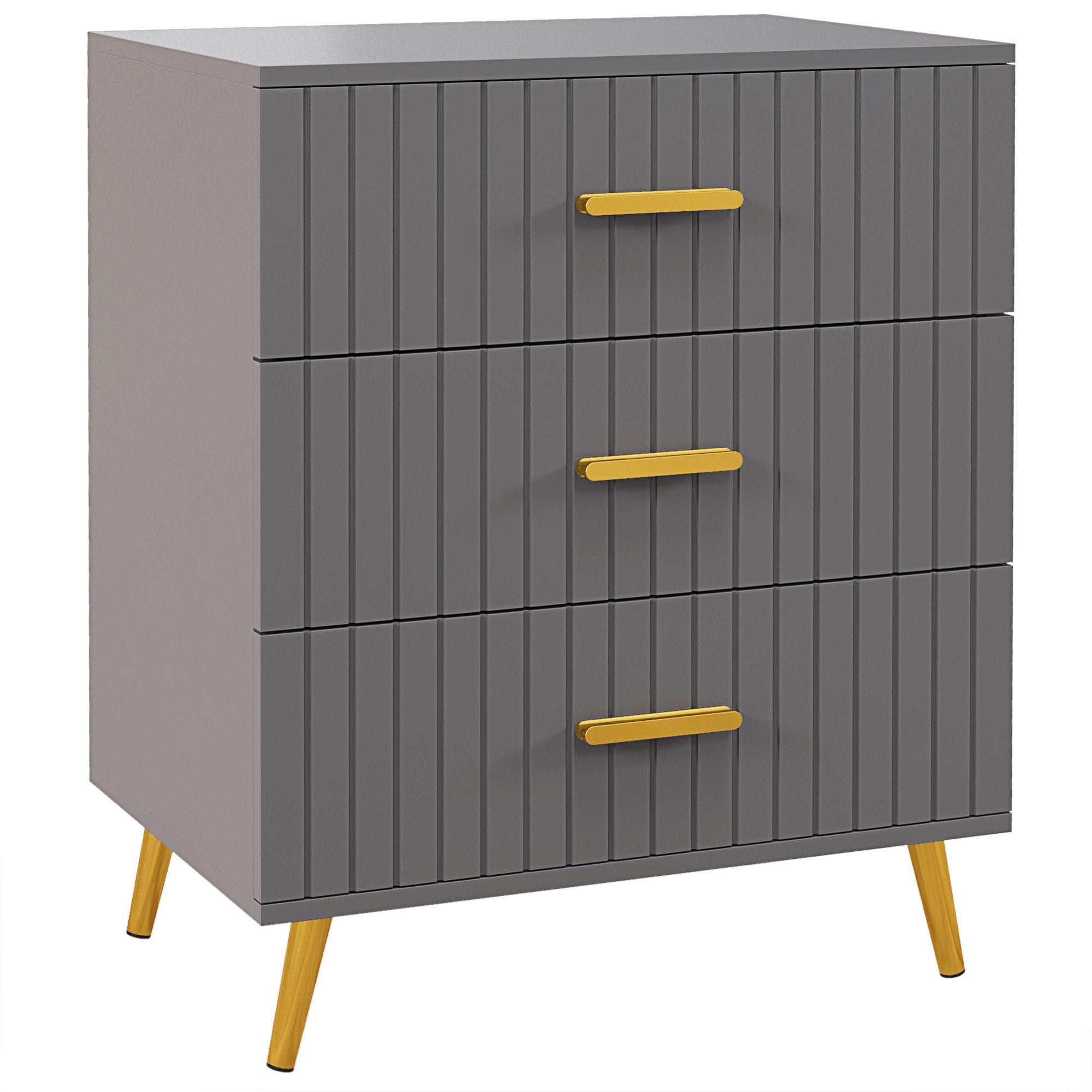Comodă modernă cu 3 sertare din lemn și aluminiu, 60x40x71,5 cm, auriu și gri închis