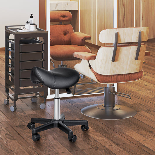 Scaun Rotativ cu Roți, Scaun pentru Coafor și Estetician cu Înălțime Ajustabilă, Tapițat cu Piele Ecologică, 35x38x43-55 cm, Negru