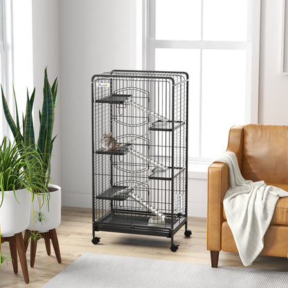 Cușcă pentru Animale Mici și Rozătoare cu Roți, 5 Rampe și 5 Platforme, 61.5x44x131 cm, Negru