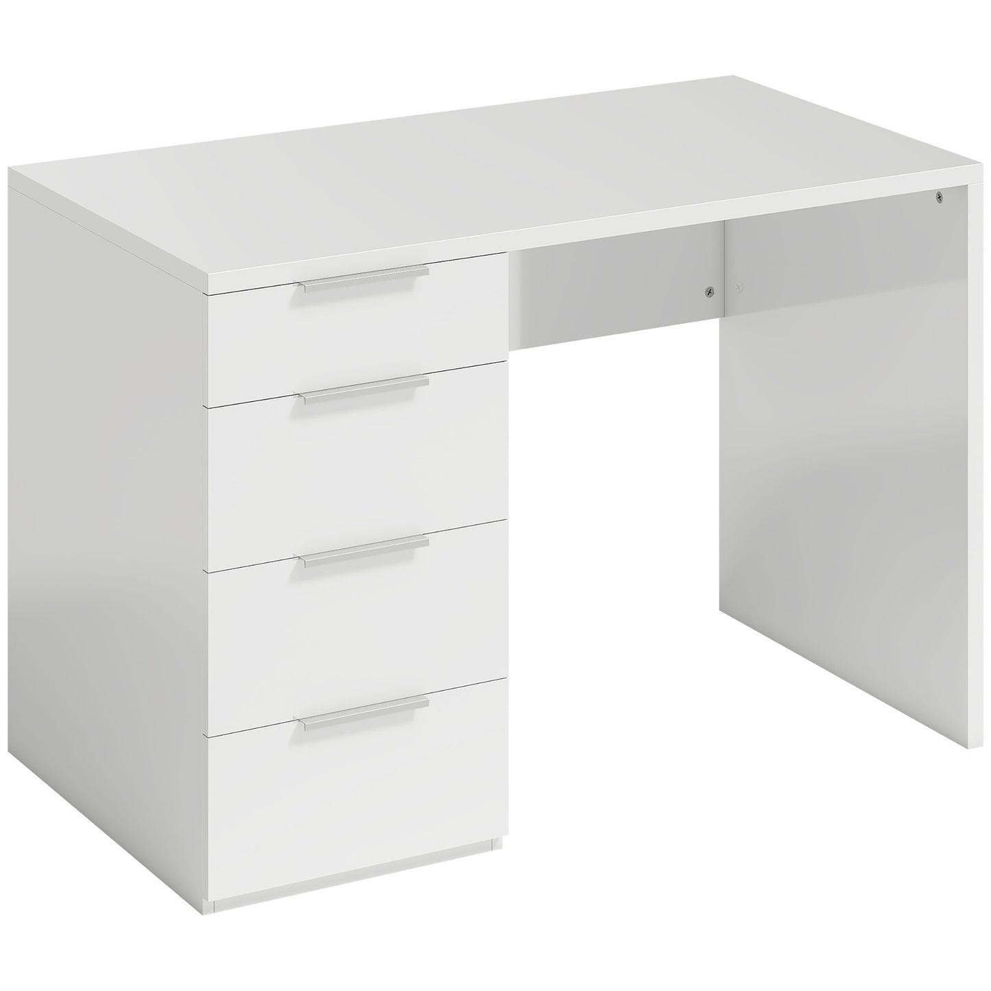 Birou Compact, 110x61.5x75 cm, Birou Modern cu 4 Sertare, Masă pentru Computer, pentru Acasă, Studiu, Cameră sau Birou, Alb Lucios