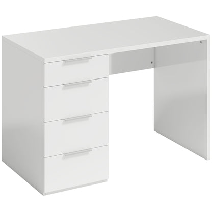 Birou Compact, 110x61.5x75 cm, Birou Modern cu 4 Sertare, Masă pentru Computer, pentru Acasă, Studiu, Cameră sau Birou, Alb Lucios