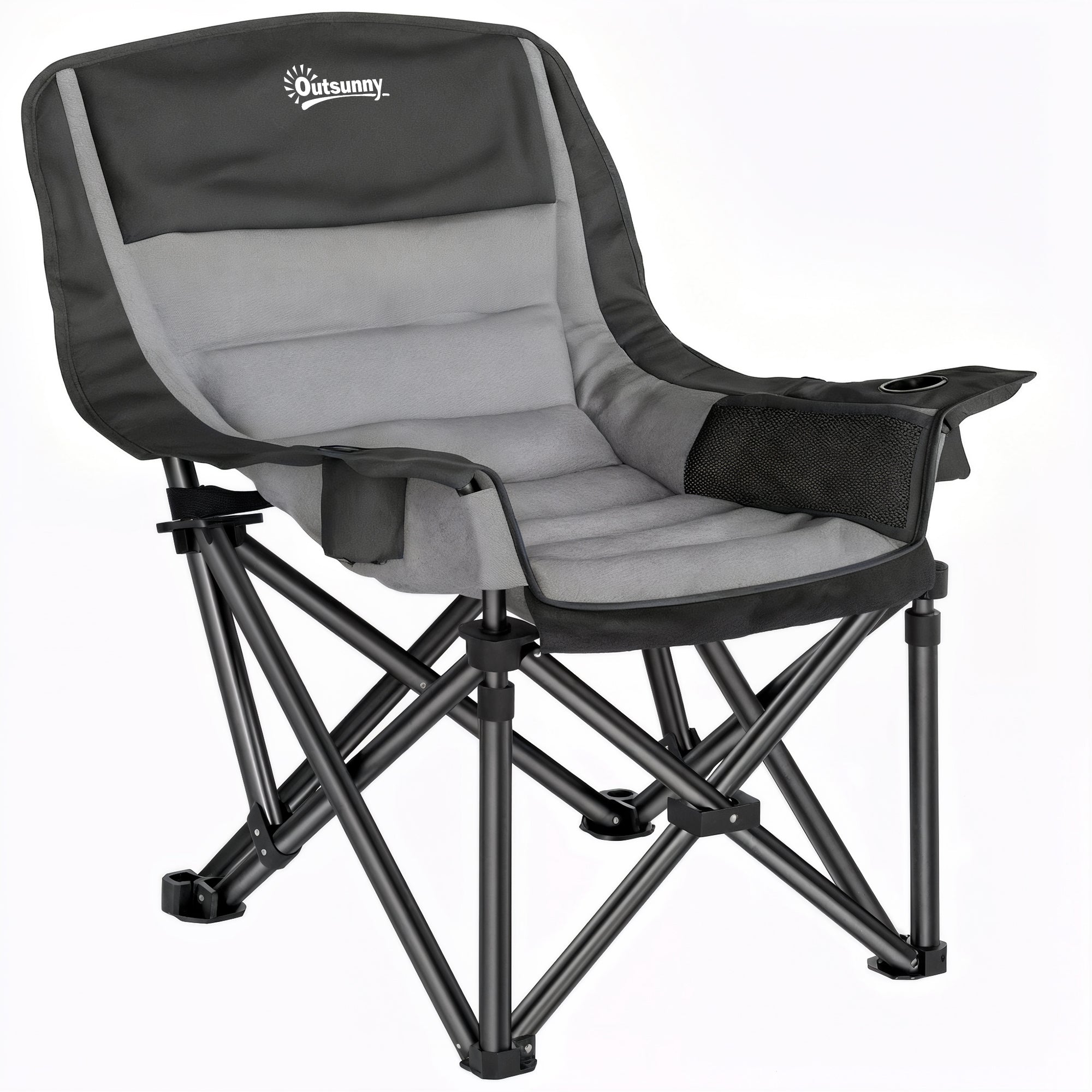 Scaun de Camping Pliabil cu 2 Suporturi pentru Pahare și Buzunare Laterale, 99x71x103 cm, Gri