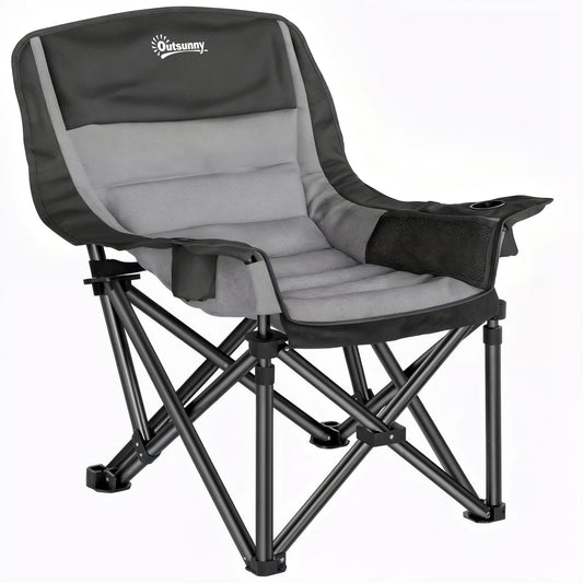 Scaun de Camping Pliabil cu 2 Suporturi pentru Pahare și Buzunare Laterale, 99x71x103 cm, Gri