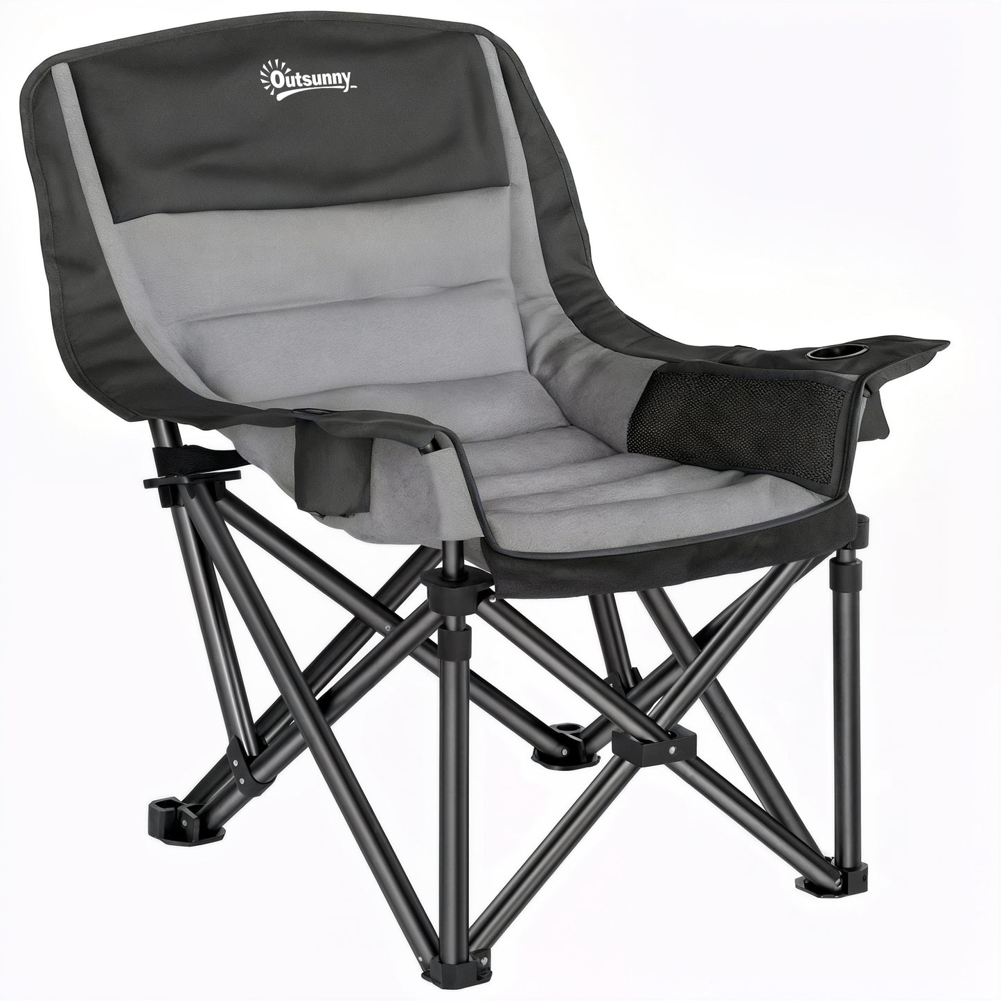 Scaun de Camping Pliabil cu 2 Suporturi pentru Pahare și Buzunare Laterale, 99x71x103 cm, Gri