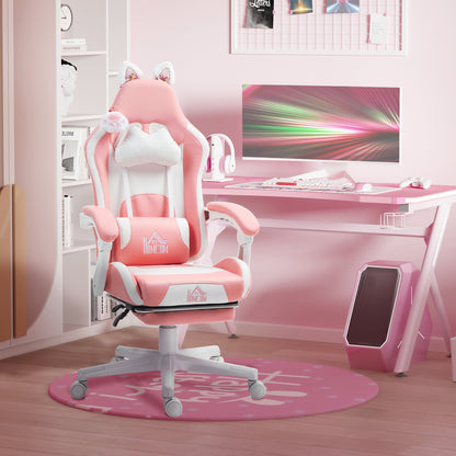 Scaun de Gaming Ergonomic cu Urechi de Pisică, Suport pentru Picioare, Suport Lombar și pentru Gât, Roz