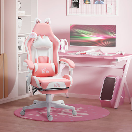 Scaun de Gaming Ergonomic cu Urechi de Pisică, Suport pentru Picioare, Suport Lombar și pentru Gât, Roz
