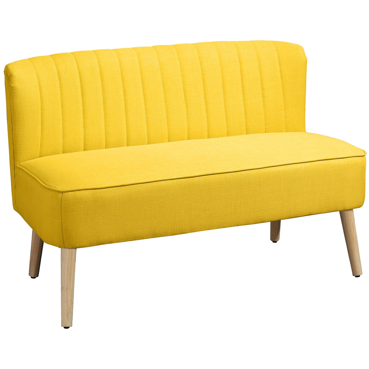 Canapea cu 2 locuri din material textil tip in, fără brațe, cu picioare din lemn, 117x56.5x77 cm, galben
