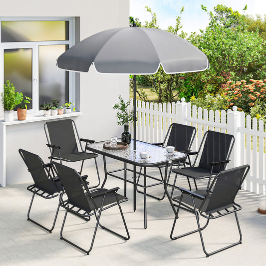 Set Grădină 8 piese cu Umbrelă, 6 Scaune Pliabile și Masă din Sticlă Temperată, Negru