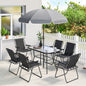 Set Grădină 8 piese cu Umbrelă, 6 Scaune Pliabile și Masă din Sticlă Temperată, Negru
